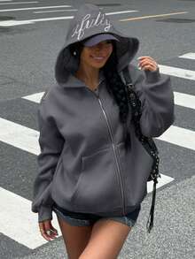 Muchica 女士休闲宽松日常街头风格秋冬拉链连帽卫衣 - 深灰色 - 查看 3