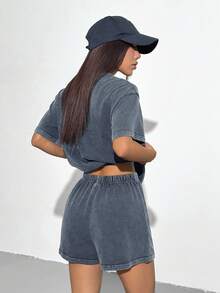 SHEIN EZwear 蓝色针织女式休闲运动套装 - 藍色 - 查看 2
