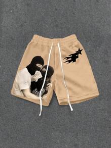 Manfinity ZONE917 Loose Fit Hip Hop Balaclava With Portrait & Money Graphic All Over Print Knit Shorts For Couples - Multicolor - View 1