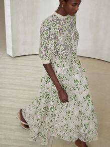 Aveloria Modichic Elegante conjunto de 2 piezas con blusa de cuello redondo con bordado hueco en estilo vintage y falda midi/maxiamplia - Multicolor - Ver 8