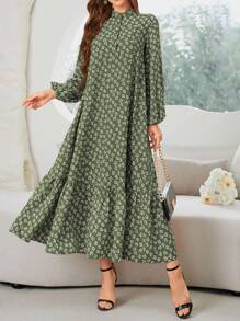 Al Najma Women's Vacation Style Ditsy Floral Half-Button Open Front Lantern Sleeve Ruffled Hem Arabian Dress - Army Green - View 5