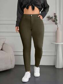 98%Cotton Plus High Waist Skinny Jeans - Green - View 4