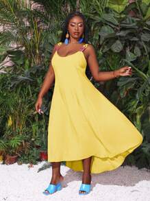 Slaydiva Plus Size Summer Solid Color Big Swing Cami Chain Dress - Yellow - View 5