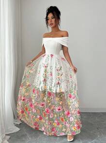 Elenzga Đầm dài lưới hoa trễ vai thanh lịch cho nữ, phong cách nghỉ dưỡng thường ngày, mặc hàng ngày - Nhiều màu - Xem 2