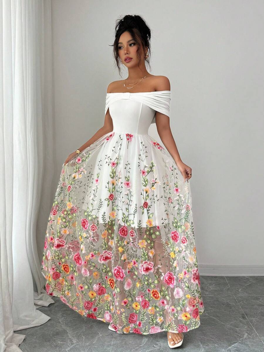 Elenzga Đầm dài lưới hoa trễ vai thanh lịch cho nữ, phong cách nghỉ dưỡng thường ngày, mặc hàng ngày