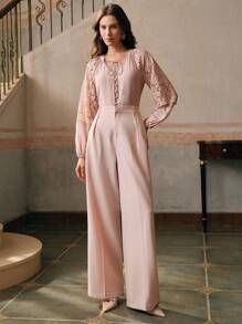Anewsta Women's Lace Patchwork Fashion Casual Elegant V-Neck Loose Long Sleeve Shirt - Pink - View 5