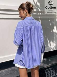 Siren Gaze ¡Nuevas llegadas de ropa de otoño 2025! Conjunto de 2 piezas casual de mujer con camisa de botones a rayas y shorts - Rayas azules, perfecto para el estilo casual de negocios, maestros, atuendo de aeropuerto - Estilo "Old Money", ropa de otoño imprescindible para volver a la escuela, uso diario y salir - Azul y blanco - Ver 5