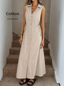 Easowa V 领纽扣前开高开衩春夏无袖连衣裙，条纹棉质面料 Old Money 风格 - 杏色 - 查看 4