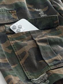 Manfinity VCAY Men's Fashionable Camouflage Denim Cargo Shorts With Multiple Pockets Camo Cargo Shorts Men Camo Shorts Shorts Baggy - Army Green - View 5