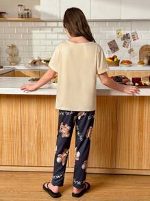 SHEIN 2pcs/Set Cute Bear Print Short Sleeve Top And Long Pants Pajamas Set For Girls