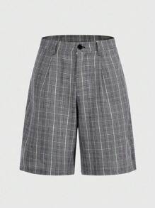ROMWE MEN Street Life 格纹印花纽扣休闲百搭男士短裤 - 黑與白 - 查看 1