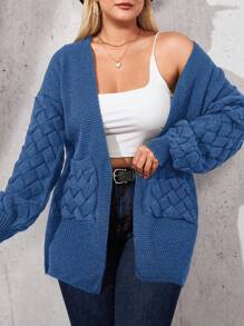 RueChic Große Größen Langärmlige Strickjacke mit offener Vorderseite und Doppeltaschen für Damen, Drop-Shoulder