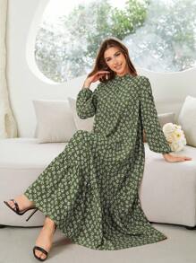 Al Najma Women's Vacation Style Ditsy Floral Half-Button Open Front Lantern Sleeve Ruffled Hem Arabian Dress - Army Green - View 4