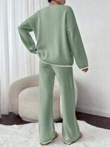 2 Stücke/Set Damen V-Ausschnitt mit Besatz Oversized Langarm Pullover mit Tasche und Strickjose Freizeitoutfit, Drop-Shoulder