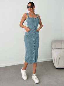 EURMUSE Slant Pocket Button Front Overall Denim Midi Dress - Baby Blue - View 5