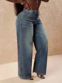 Slaydiva 大码复古褪色牛仔阔腿裤，带心形口袋，时尚百搭，适合夏季穿着 - 藍色 - 查看 3