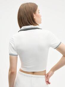 Gameset SHEIN Sport 女式字母条纹短袖日常健身 Polo 衫 - 白色 - 查看 2