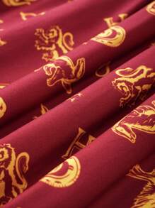 HARRY POTTER X SHEIN Tween Girls Summer Snake, Eagle & House Golden Print Casual Red Short Sleeve Tie Waist Dress - Multicolor - View 7