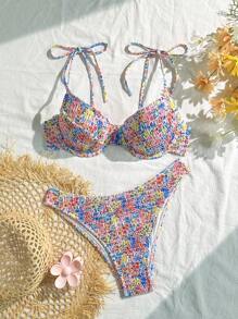 Swim Mod 女式 2 件套碎花细肩带露背比基尼上衣和高开叉比基尼下装，性感比基尼套装，夏季适用 - 彩色 - 查看 6