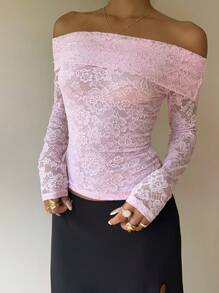SHEIN EZwear 秋季女士约会之夜女士单件装露肩花卉蕾丝修身优雅T恤俱乐部女士性感 - 彩色 - 查看 5