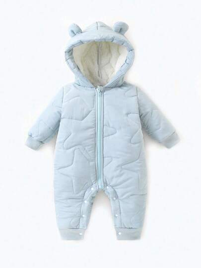 SHEIN Playful Pals Nuevo mono de bebé niño/niña para otoño/invierno con forro térmico talla grande grueso, mono con capucha, mono acolchado, estilo coreano de moda para uso casual, salidas, interior