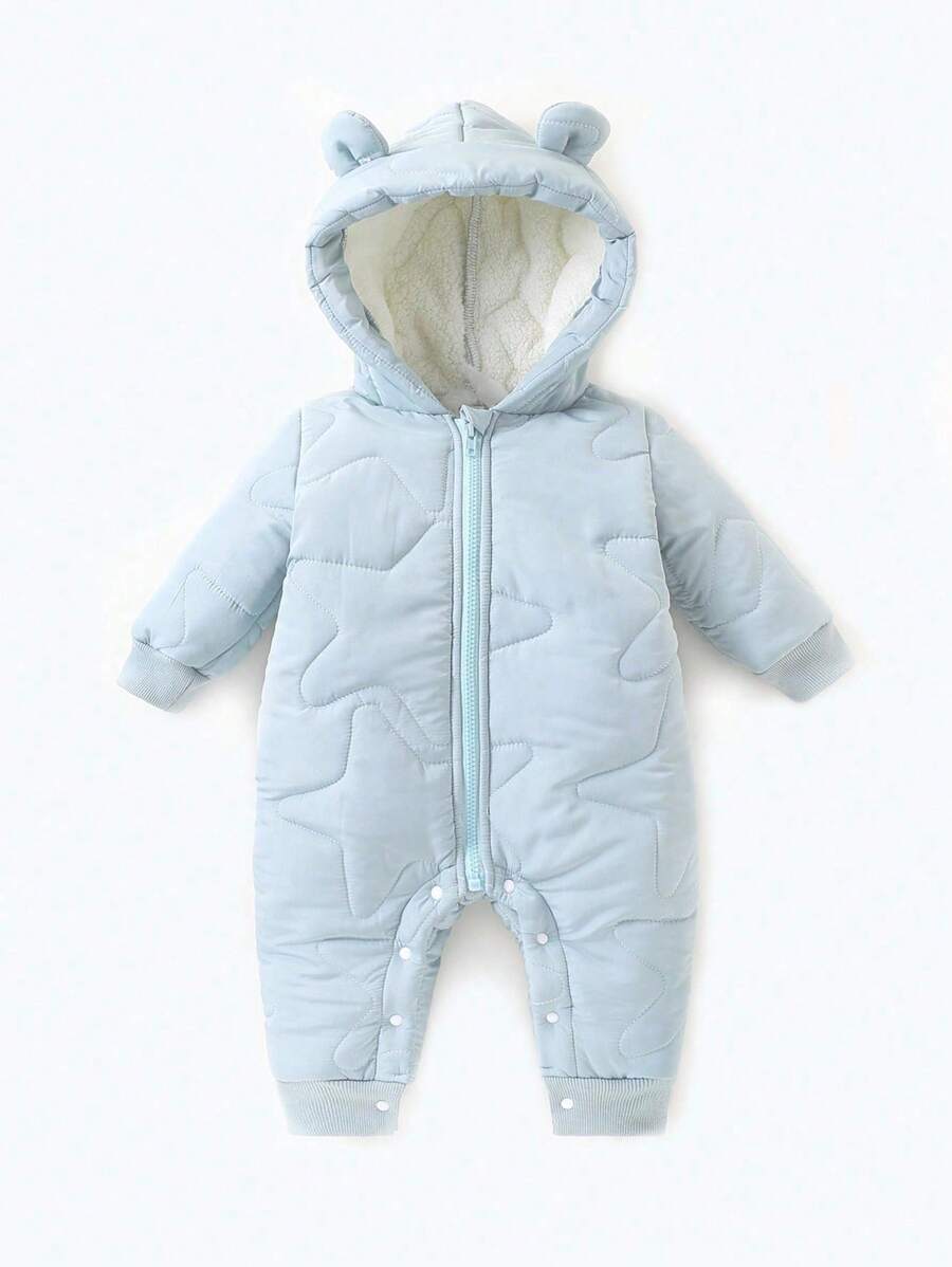 SHEIN 男嬰冬季連身衣 保暖抓絨內裡絎縫連身褲 可愛熊耳連帽雪地裝 星星壓紋舒適連身衣
