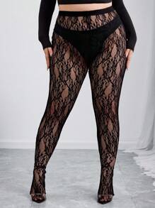 SHEIN CURVE+ Curves 加大码/学校服装/返校服装/返校大码性感弹力透明蕾丝连裤袜、紧身裤、万圣节、返校季 - 黑色 - 查看 4