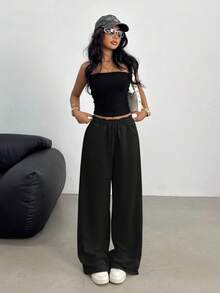 SHEIN 青少年女孩休闲松紧腰阔腿运动裤，适合春、夏、秋、冬 - 黑色 - 查看 7