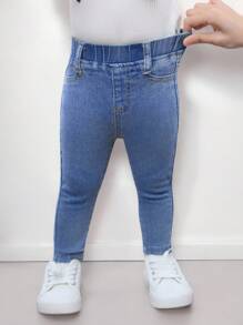 SHEIN Baby Girls Blue Tight, Elastic, Casual Comfortable And Simple Jeans,Fall Casual And Comfortable Wear - Light Wash - View 6