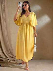 Roveilla Plus Size Women's Elegant French Romantic Vacation Flare Sleeve V-Neck Button Front A-Line Stretchy Waist Beach Maxi Dress, Spring/Summer Plus Size Yellow Maxi Dress Plus Size Yellow Dress Yellow Maxi Dress Casual Long Dress Lemon Dress Lemon Yellow Dress