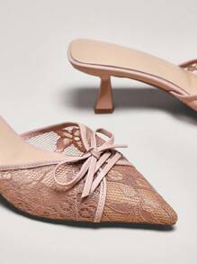SHUZIA Women Comfortable Elegant Lace Pointy Toe Kitten Heel Mules - Apricot - View 5