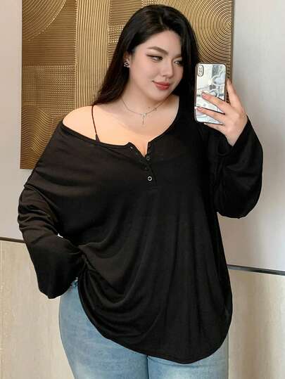 Dazy Plus 纯色圆领半襟长袖T恤，春夏