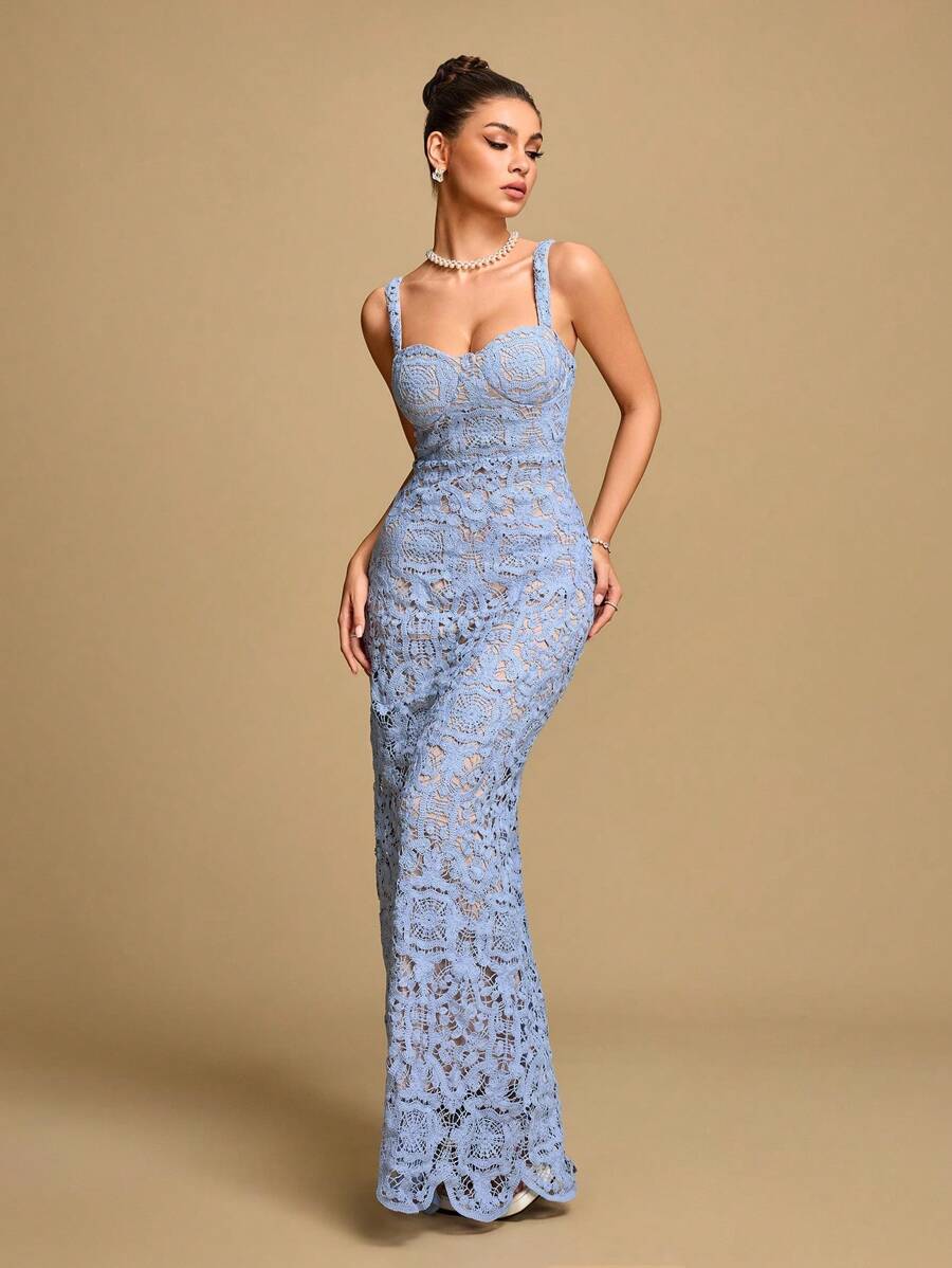 Glamine 女士优雅正式修身长吊带连衣裙 - 水藍色 - 查看 1