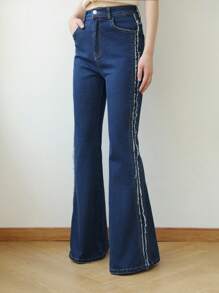 SHEIN EZwear 女式秋季深蓝色牛仔高腰喇叭裤，韩版牛仔裤，万圣节服装，女士教师服装，女士万圣节服装，女士秋季服装，商务休闲女装，Y2k 牛仔裤 - 深色水洗藍 - 查看 5