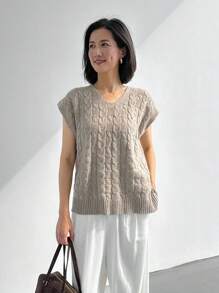 EMERY ROSE Chaleco de punto de cable de unicolor con cuello en V para mujer