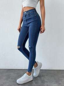 EURMUSE Women's Pocket Detail Ripped Skinny Casual Versatile Jeans - Dark Wash - View 3