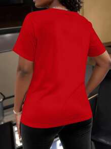 SHEIN CURVE+ 大码女式短袖圆领 T 恤，简约时尚，适合夏季 - 紅色 - 查看 2