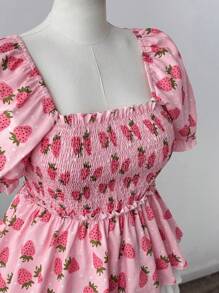 SHEIN MOOSTA Große Größen Bluse für Frauen mit geraffeltem Muster, Erdbeerdruck Patchwork, Dimanatkragen und kurzen Ärmeln für den Sommer