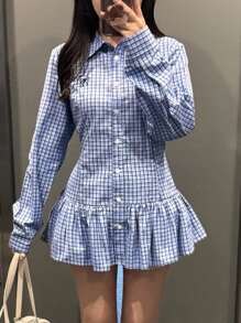 FRIFUL 女式格子衬衫，背部蝴蝶结，荷叶边下摆，刺绣蝴蝶结装饰，适合秋季格子上衣女式格子衬衫荷叶边上衣系带上衣格子衬衫长袖上衣 - 藍色 - 查看 2