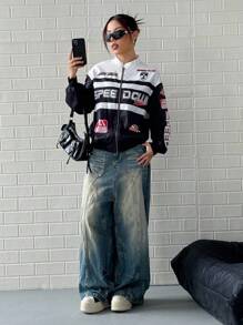 Flirla 字母印花撞色落肩飞行员夹克 - 黑色 - 查看 3