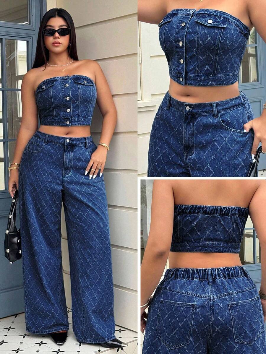 SHEIN ICON Blusa de mezclilla de ganchillo versátil y casual de moda - Azul lavado oscuro - Ver 1