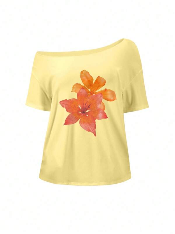 Sweetra Tricou de vară pentru femei, mărime mare, cu imprimeu floral Hibiscus, mânecă scurtă, supradimensionat, cu umeri lejeri, stil de plajă