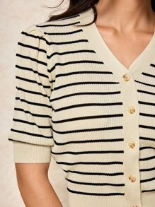 House of One Women's Elegant Casual Striped Button V-Neck Short Sleeve Sweater, Suitable For Summer And Autumn Summer Work Outfits For Women Fall Women Clothes Old Money Office Outfits For Women Fall Outfits Business Professional Women Business Casual Woman