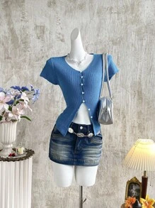 Attitoon Women's Summer Casual Pocketed Mini Denim Skirt,Y2k Jeans Skirt,Vintage Denim Skirt,Low Rise Jeans Skirt,Women's Blue Denim Skirt Sexy Miniskirt Summer Retro Skirt Cowgirl, Back To School - Dark Wash - View 5