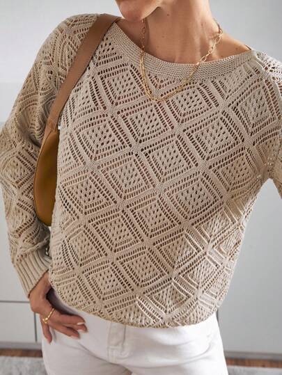 SHEIN Women's Casual Beige Knit Top With Boat Neck And Long Sleeves, Featuring A Stylish Hollow Out Patterned Design For Everyday Wear.,Jumper,Cream Jumper,Jumpers,Black Jumper,Womens Jumper,White Jumper,Women's Jumper,Women's Jumpers,Winter Clothes
