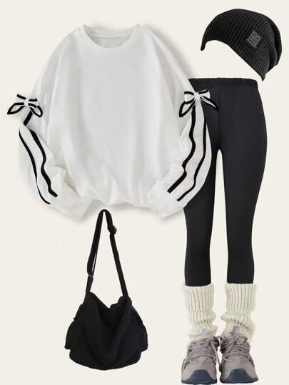 SHEIN Explorewe Set de 2 piezas de sudadera de manga larga con lazo decorativo y pantalones pitillo casuales y sueltos para niñas preadolescentes, otoño