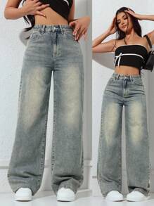 SHEIN x Lina SHEIN ICON Women's Solid Color Simple Casual Denim Pants Y2k - Light Wash - View 6