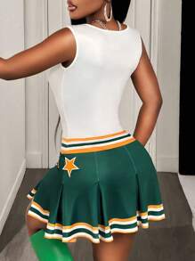 BamGleam Women's Sleeveless V-Neck Striped Star Print Pleated Hem Dress