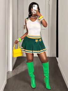 BamGleam Women's Sleeveless V-Neck Striped Star Print Pleated Hem Dress