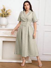 Modelyn Plus Size Summer Solid Color Square Neck Short Sleeve Women's Dress Long Evening Dresses - Green - View 4